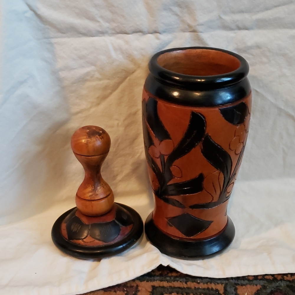 Wooden vase, urn container from St. Lucia.